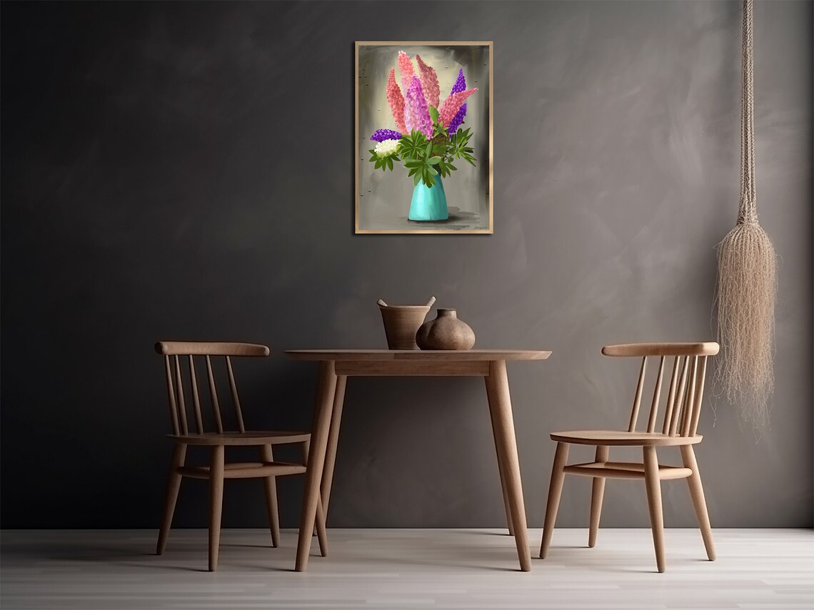 Colorful Lupine Bouquet in Turquoise Vase Oil Painting Poster - Image 2