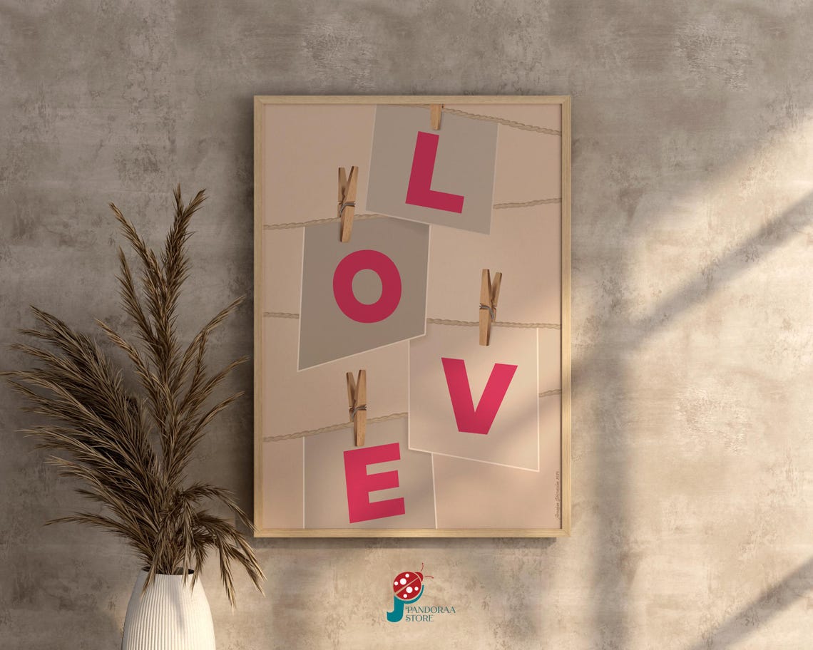 Pink Love Letters on String Clothesline Clips Romantic Wall Poster