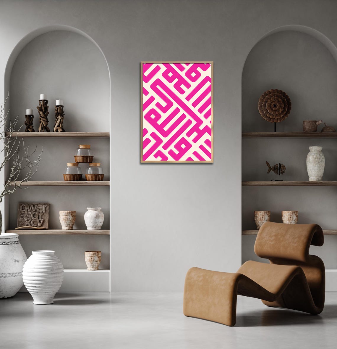 Hot Pink Geometric Maze Line Boho Minimalist Modern Abstract Poster - Image 2