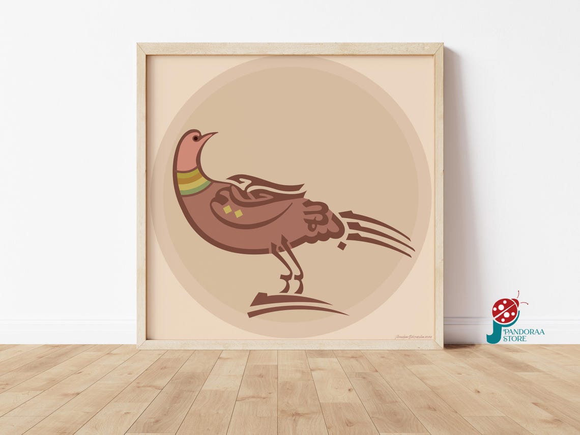 Folk Art Bird Calligraphy Warm Brown Beige Stylized Animal Print