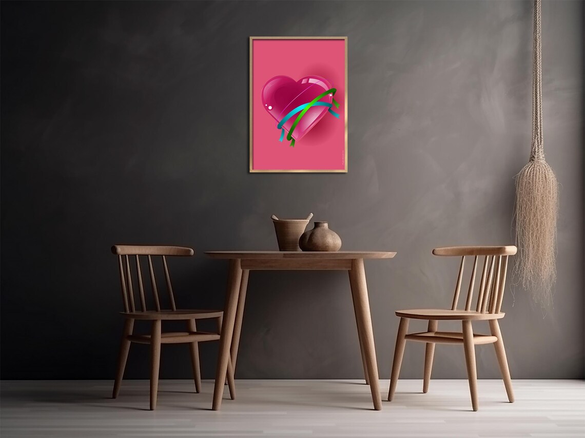Glossy Glass Pink Heart Wrapped in Green Ribbons Modern Love Poster - Image 3
