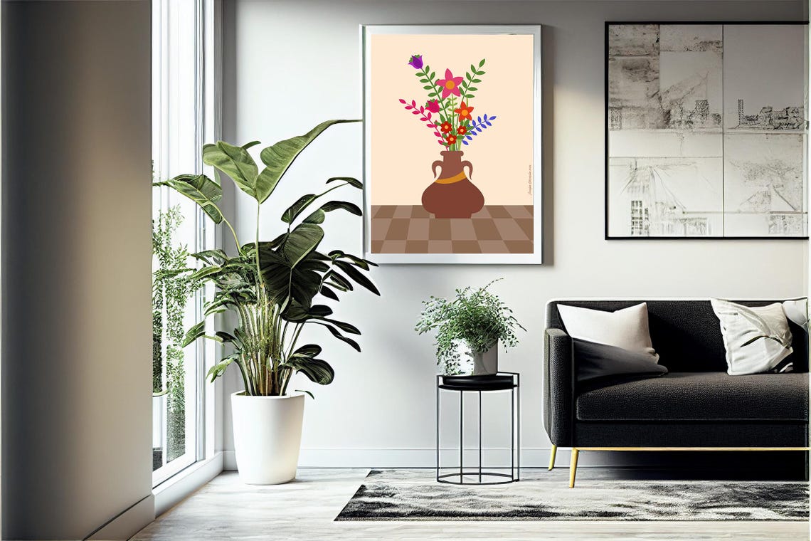 Colorful Wildflowers Brown Vase Folk Art Beige Botanical Wall Poster - Image 4