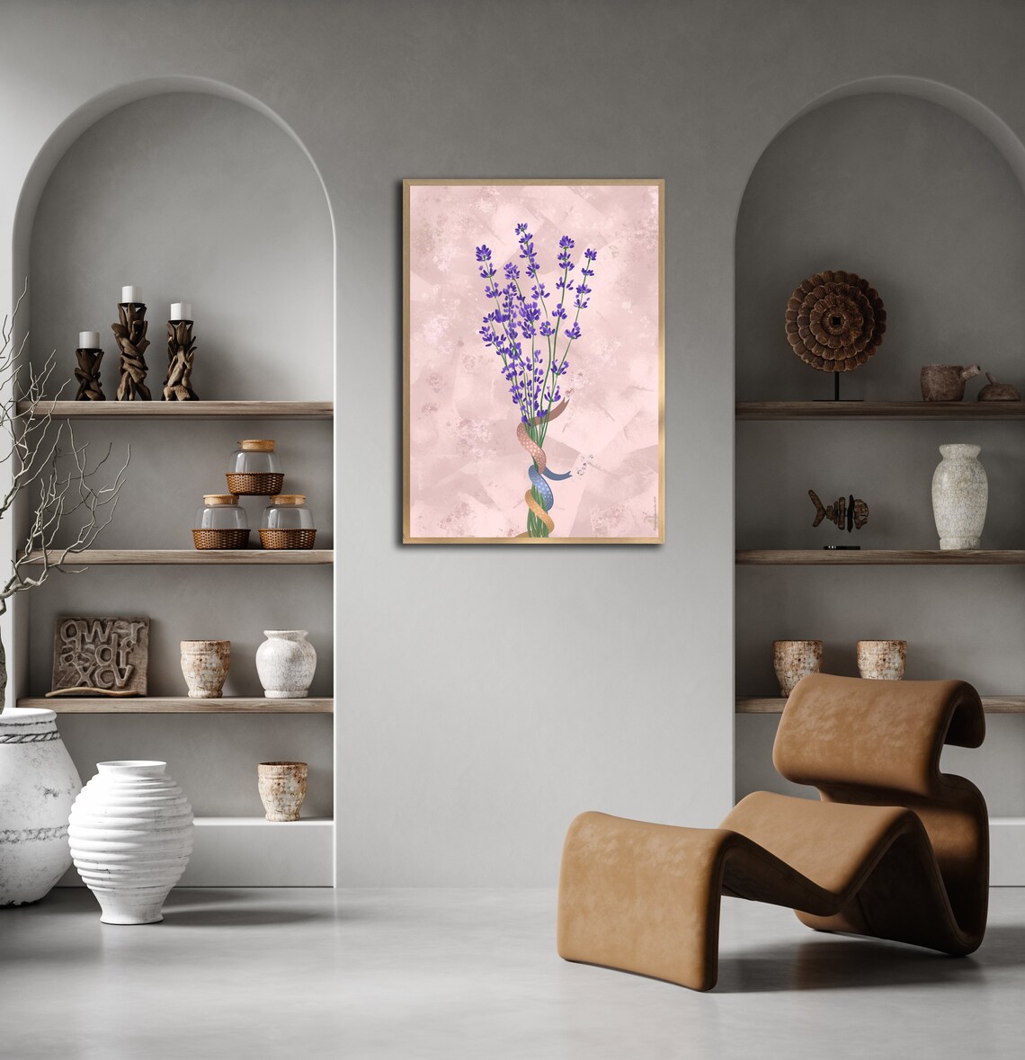 Lavender Sprigs Watercolor Ribbon Pink Background Floral Print - Image 2