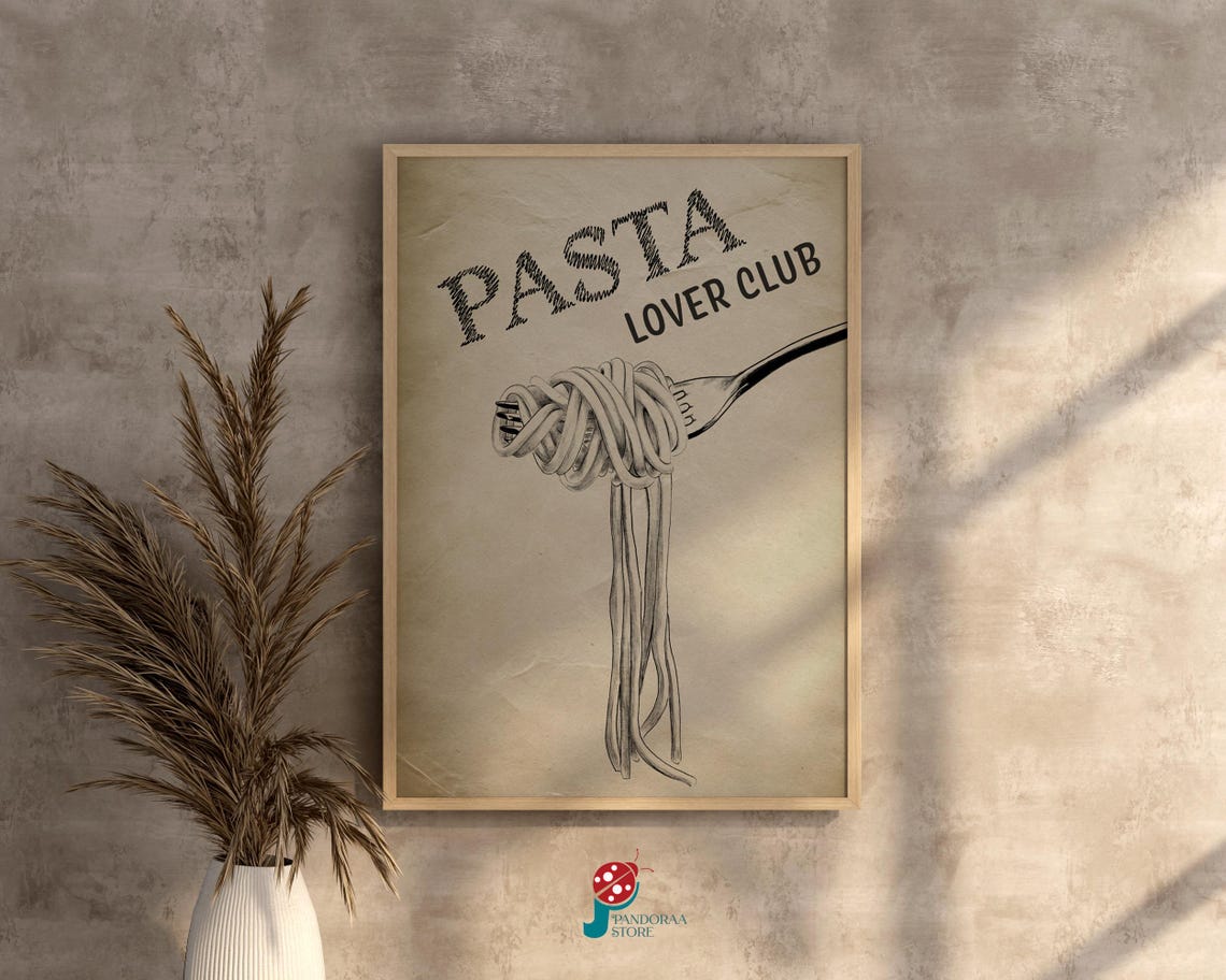 Retro Pasta Lover Club Fork Spaghetti Sketch Kitchen Wall Print