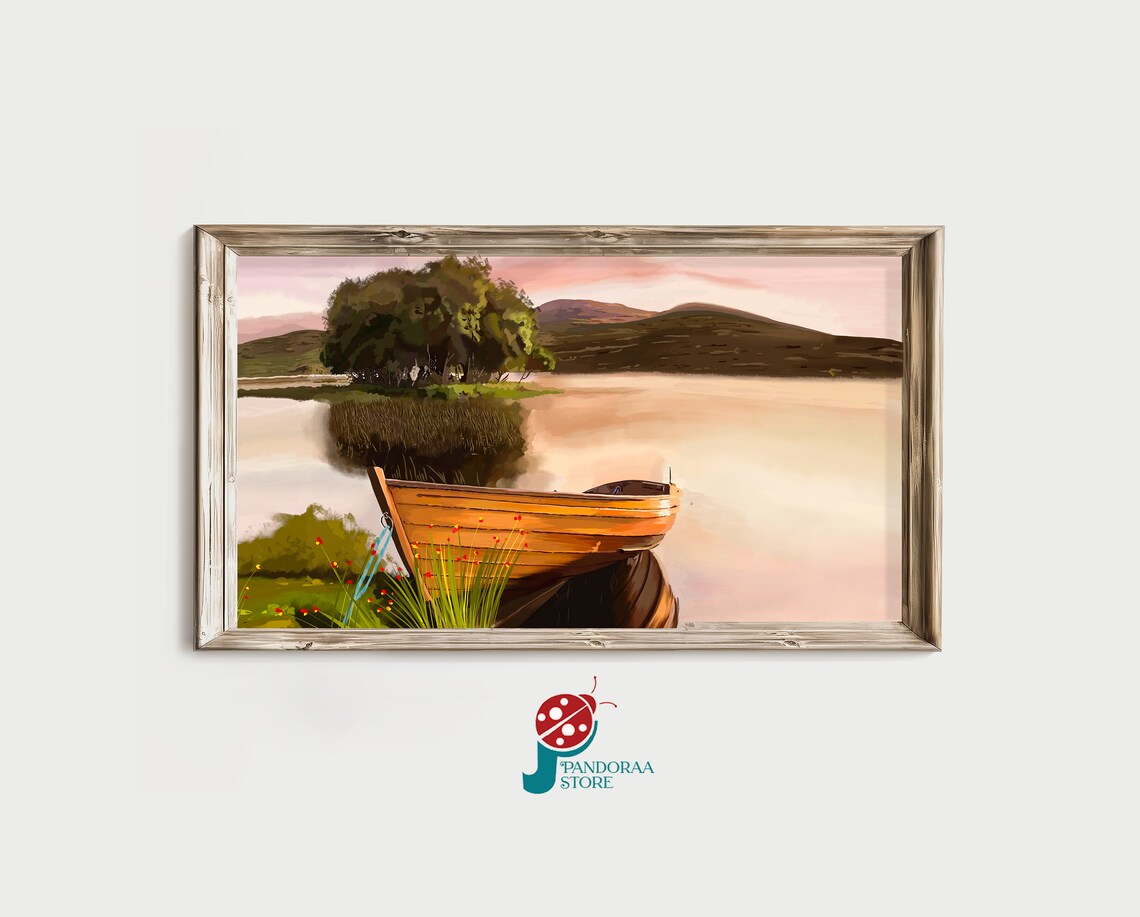 Wooden Rowboat Calm Lake Sunset Hills Peaceful Waterscape Poster