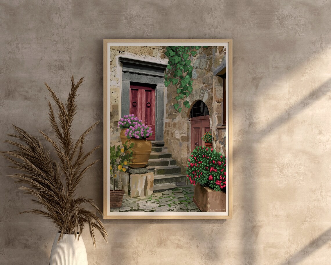 Old European Village Stone Doorway Flower Pots Rustic Travel Poster - Image 2