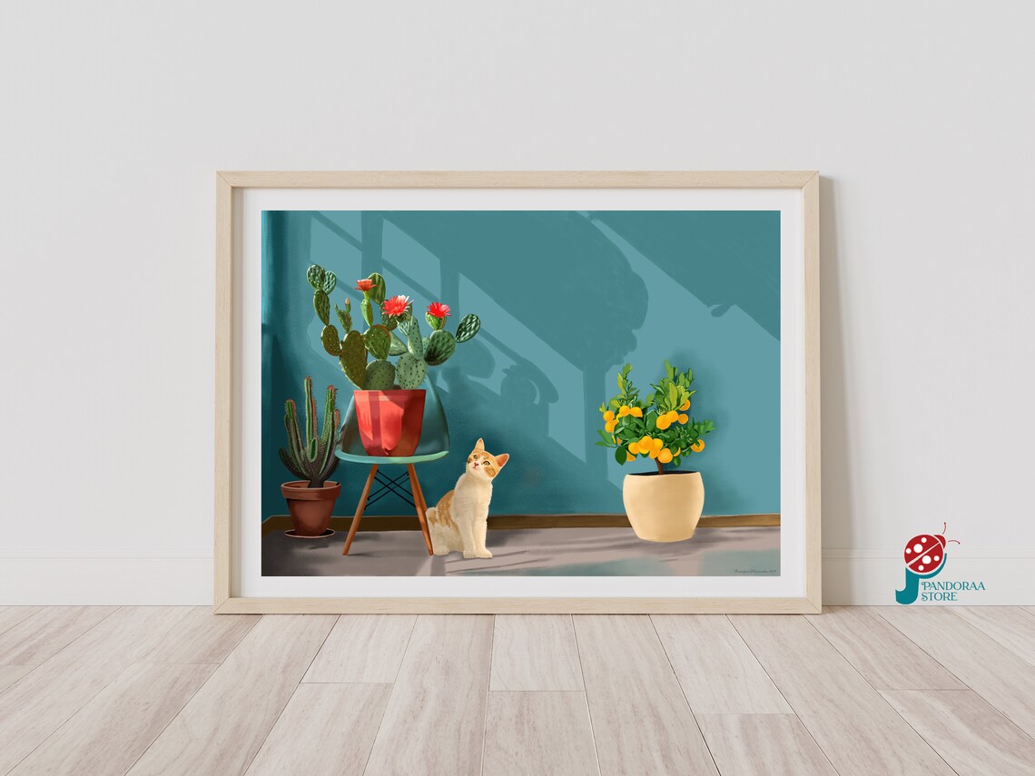 Cat And Cactus Art Print, Cozy Plant Animal Decor
