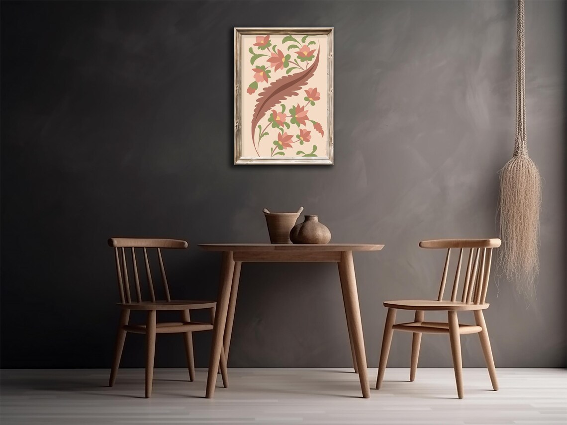 Pastel Floral Folk Art Soft Coral Peach Blossoms Beige Wall Print - Image 3