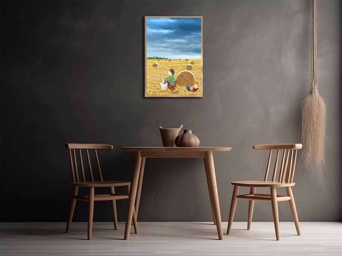 Boy in Golden Wheat Field Rooster Hens Hay Bales Harvest Print - Image 2
