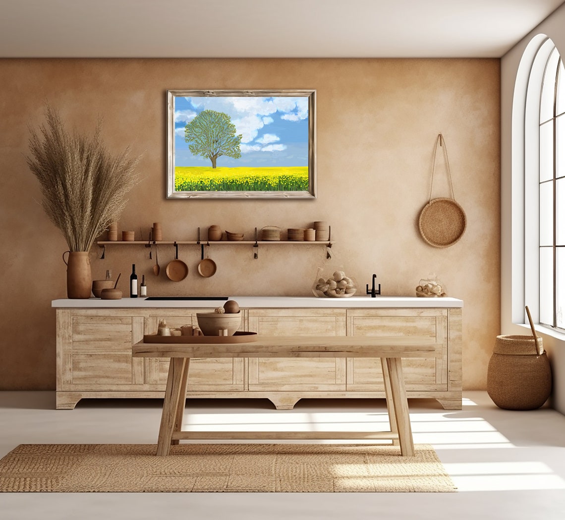Lone Tree Yellow Flower Field Bright Blue Sky Landscape Wall Print - Image 3