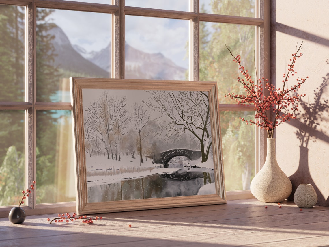 Serene Winter Snow Bridge over Frozen Lake Snowy Landscape Poster - Image 5