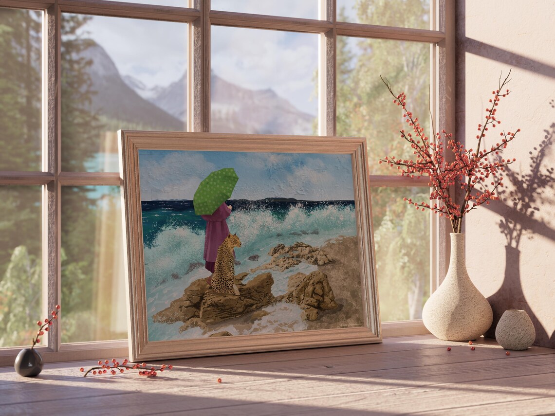 Woman Leopard Rocky Coast Ocean Waves Seascape Dreamlike Art Poster - Image 5