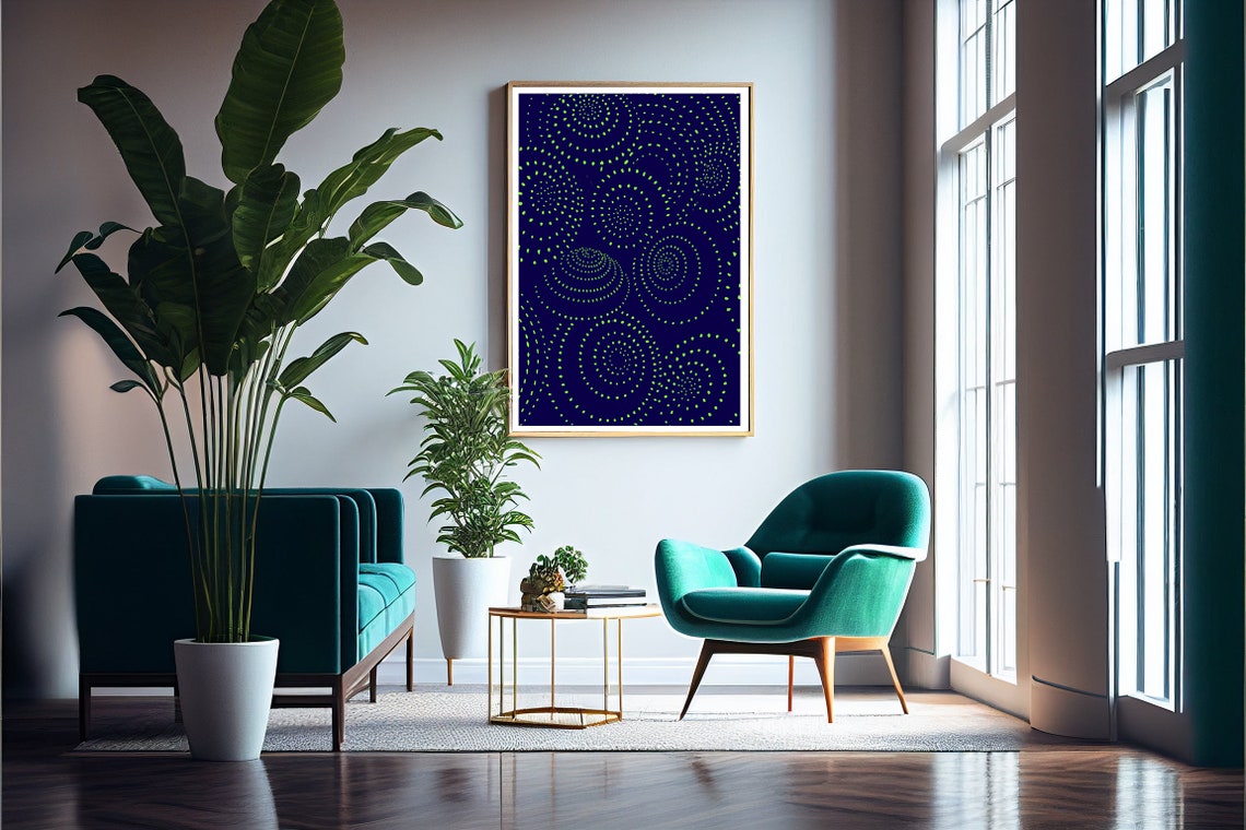 Navy Lime Green Spiral Dot Boho Circle Geometric Abstract Art Poster - Image 4