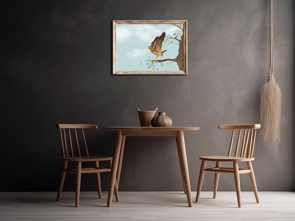 Majestic Hawk Wings Spread on Branch Soft Blue Sky Bird Print - Image 2