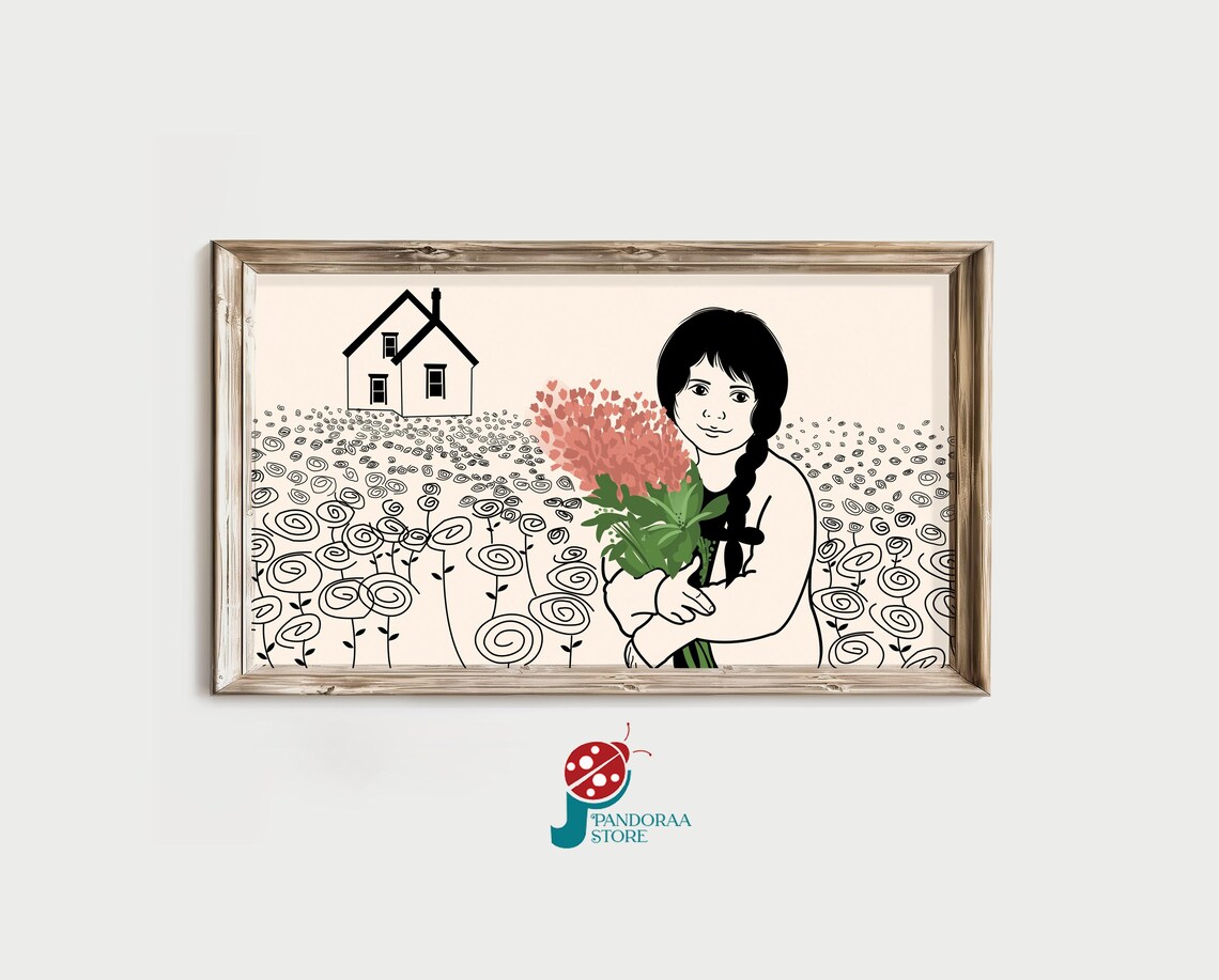 Girl Flower Bouquet Farmhouse Field Whimsical Line Art Garden Poster