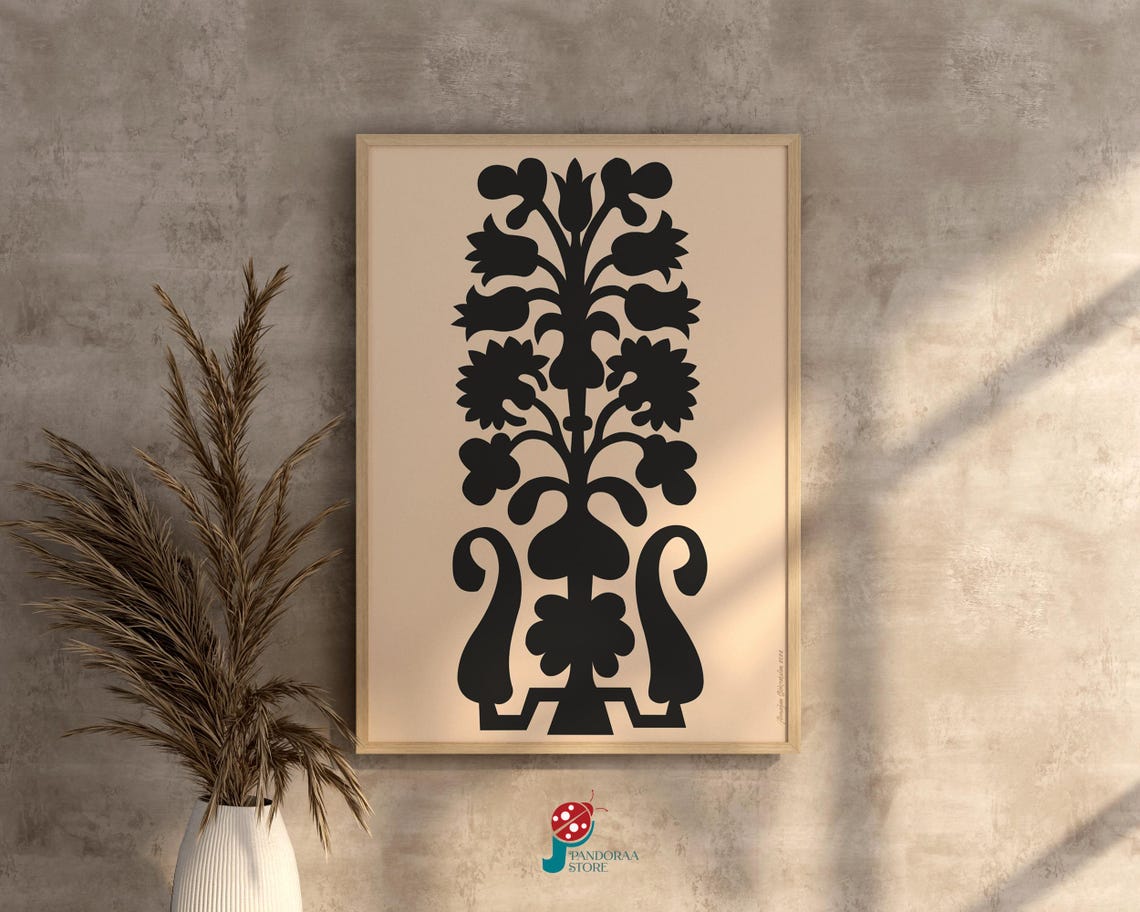 Black Floral Silhouette Folk Art Vase Modern Beige Minimalist Poster