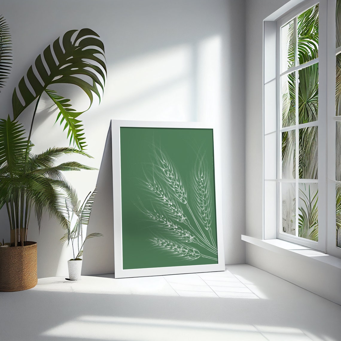 White Wheat Stalks Deep Green Botanical Line Drawing Kitchen Print - Image 5