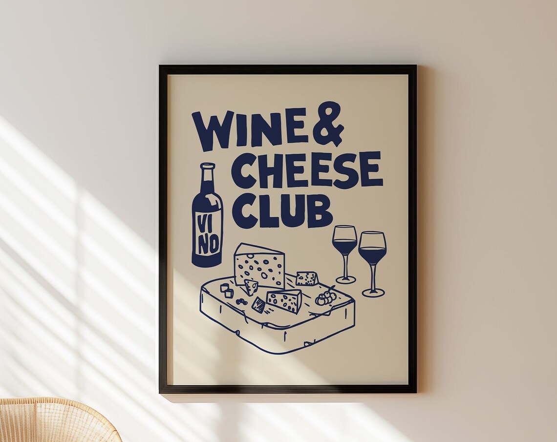 Navy Wine Cheese Club Retro Kitchen Illustration Cream Bar Decor Poster