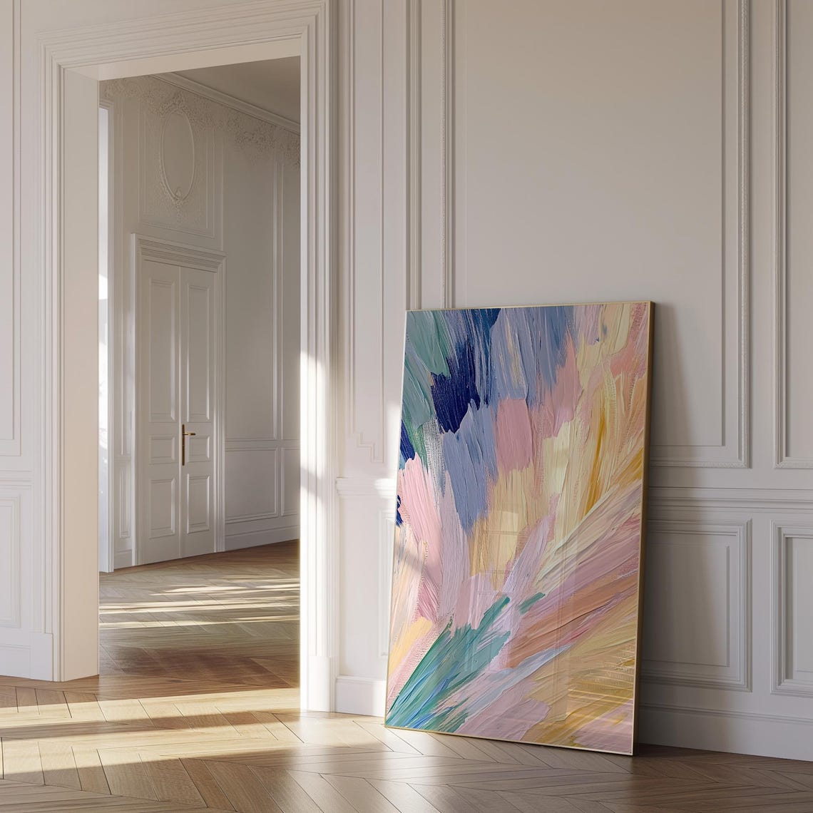 Pastel Brushstroke Abstract Blue Pink Yellow Painting Poster - Image 2