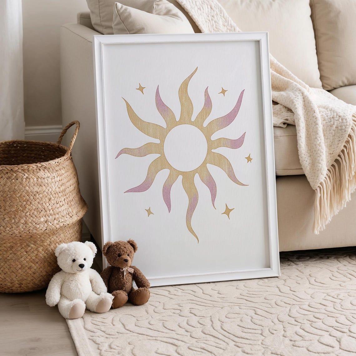 Warm Boho Gold Sun With Stars Neutral Nursery Wall Art Decor - Image 4