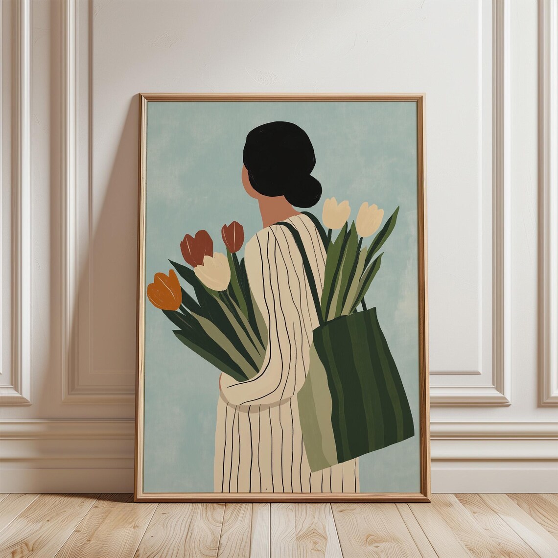 Woman with Tulips and Shopping Bag Minimalist Sage Green Poster - Image 5