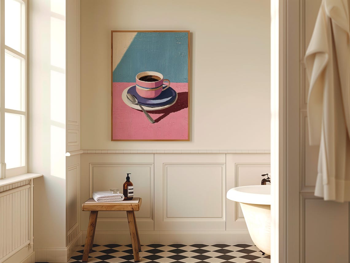 Coffee Cup Pink Blue Abstract Large Wall Art Contemporary Artwork Minimalist Print Coffee Lover Wall Art Stripe Print - Image 2