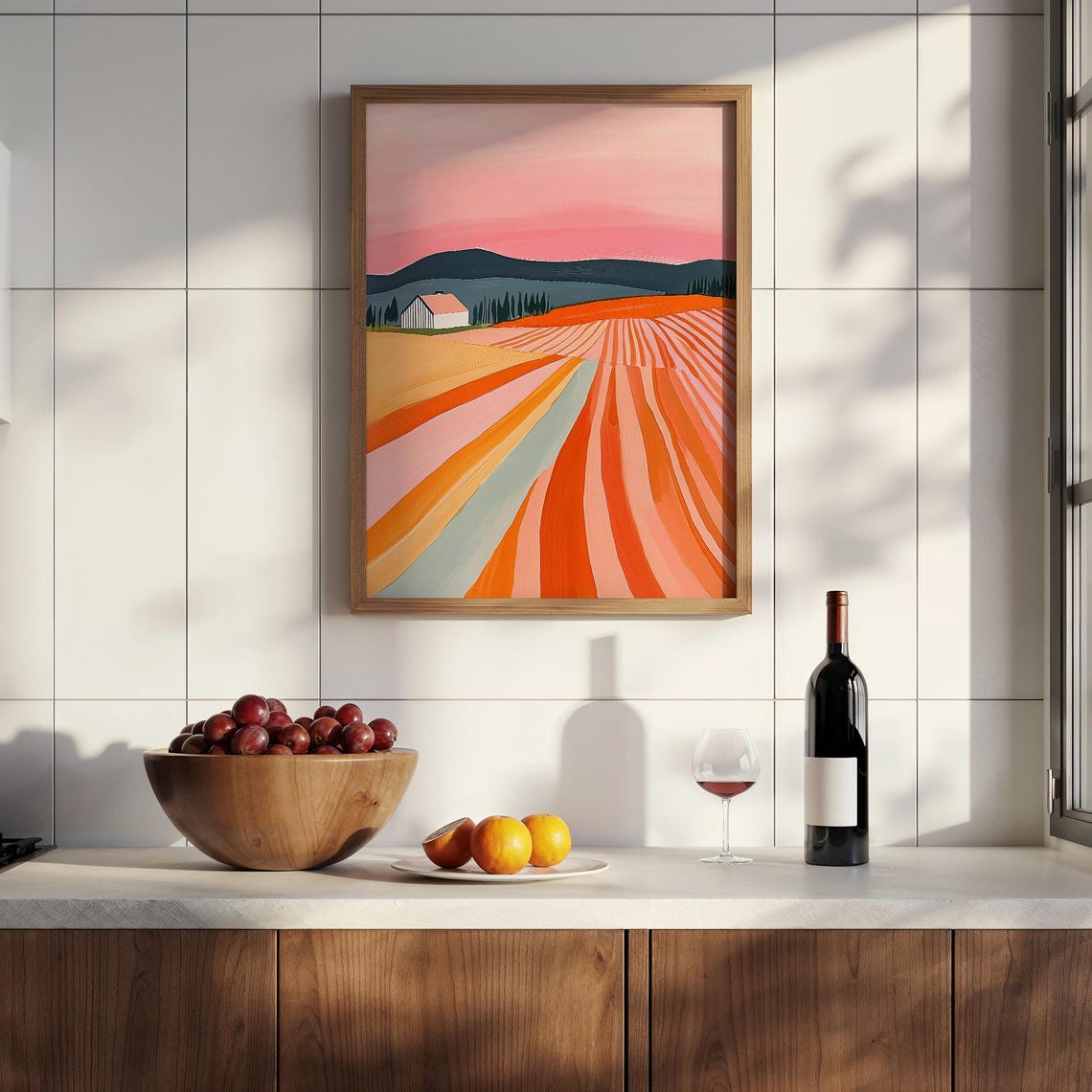 Vibrant Abstract Farm Landscape with Striped Fields at Sunset Poster - Image 2