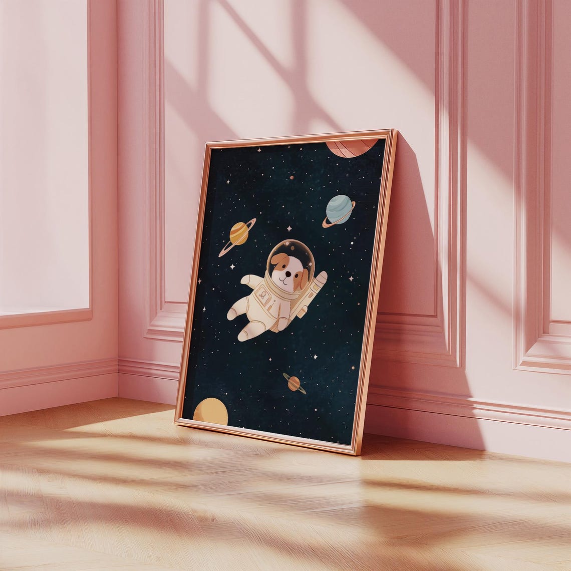 Cute Astronaut Puppy Floating in Space Nursery Starry Night Poster - Image 2