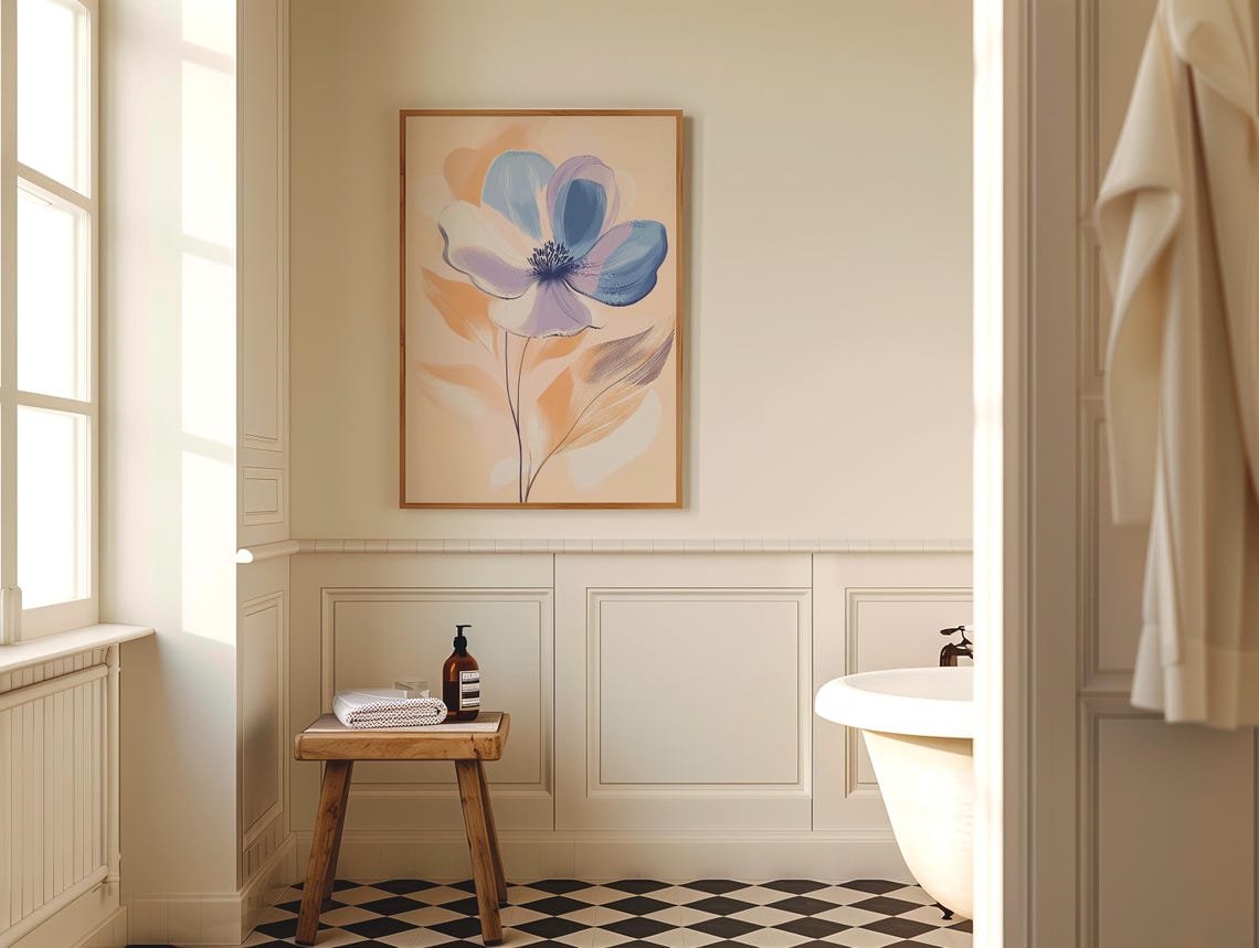 Large Blue Flower Botanical Illustration on Peach Background Poster - Image 5