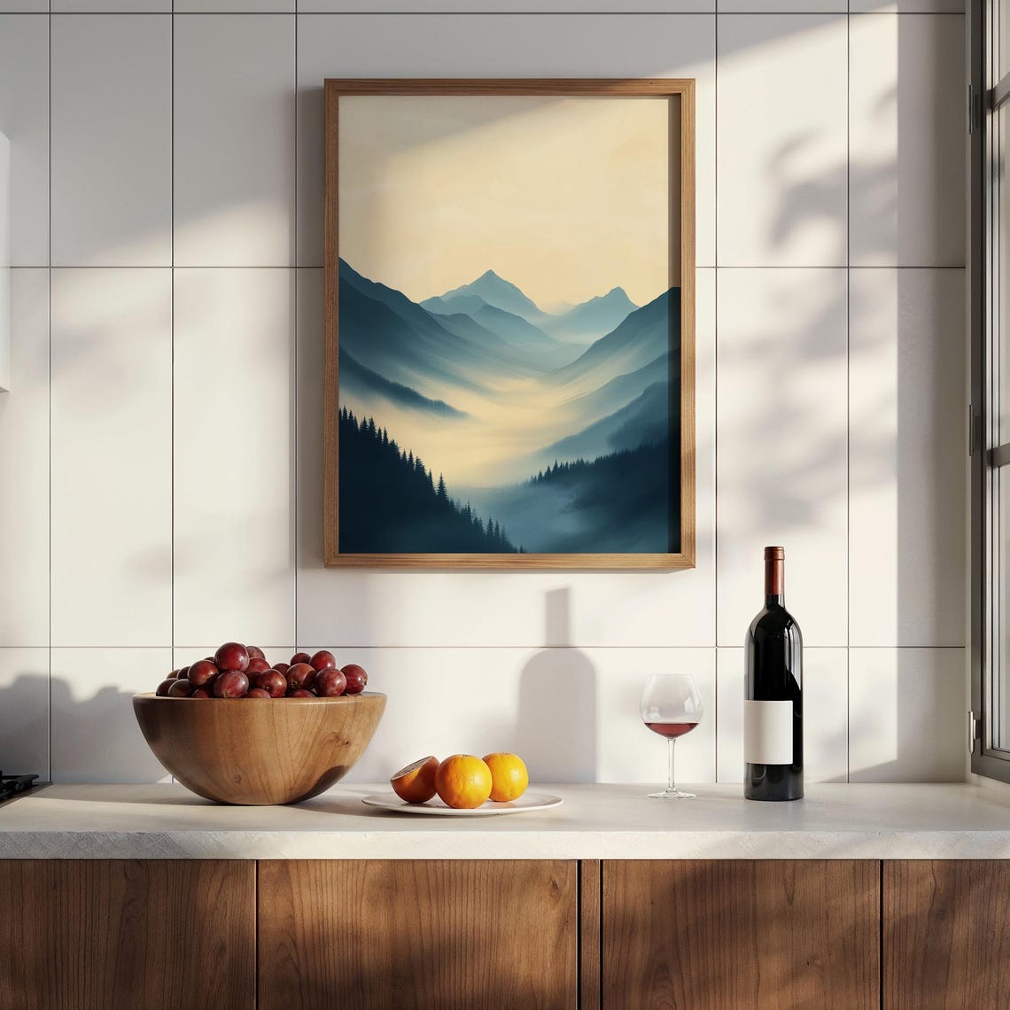 Misty Mountain Valley Landscape in Blue and Cream Tones Poster - Image 2