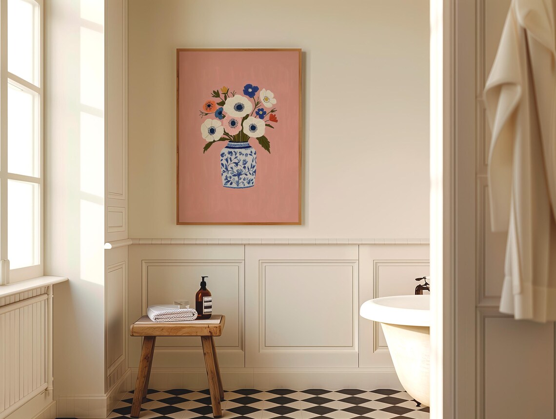 Colorful Anemone Bouquet in Blue and White Vase on Blush Pink Print - Image 5