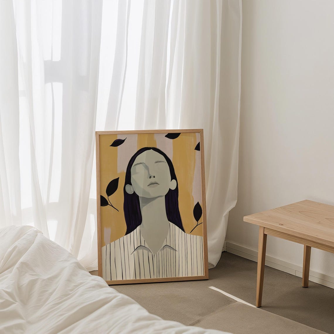 Tranquil Peaceful Woman Closed Eyes Striped Shirt Modern Poster - Image 3