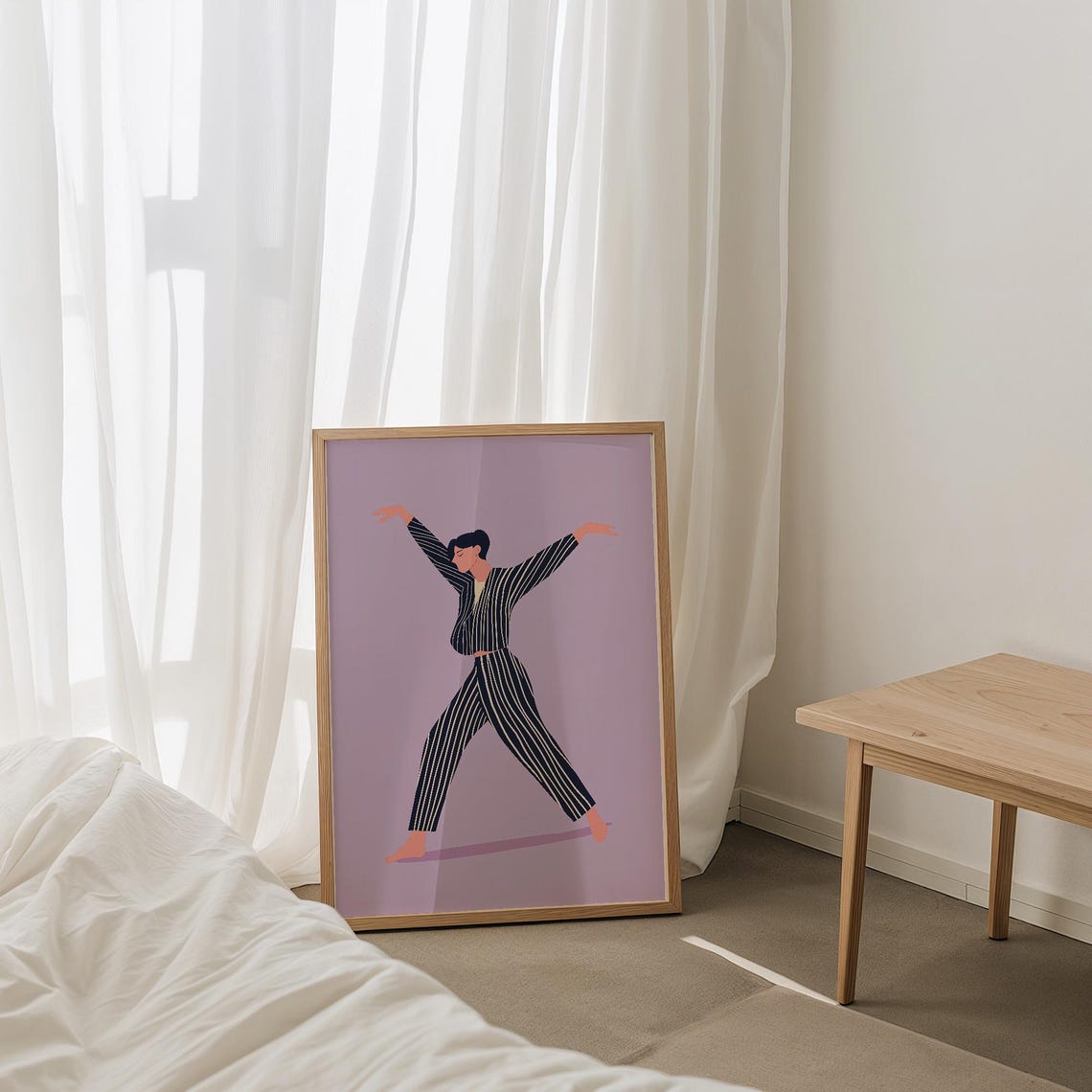 Modern Dancer in Black Pinstripe Suit on Soft Lavender Poster - Image 5