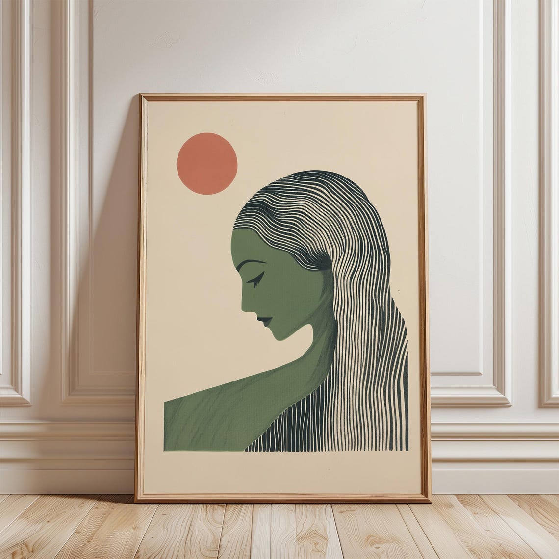 Serene Japandi Woman Profile Green Line Art Japanese Sun Poster