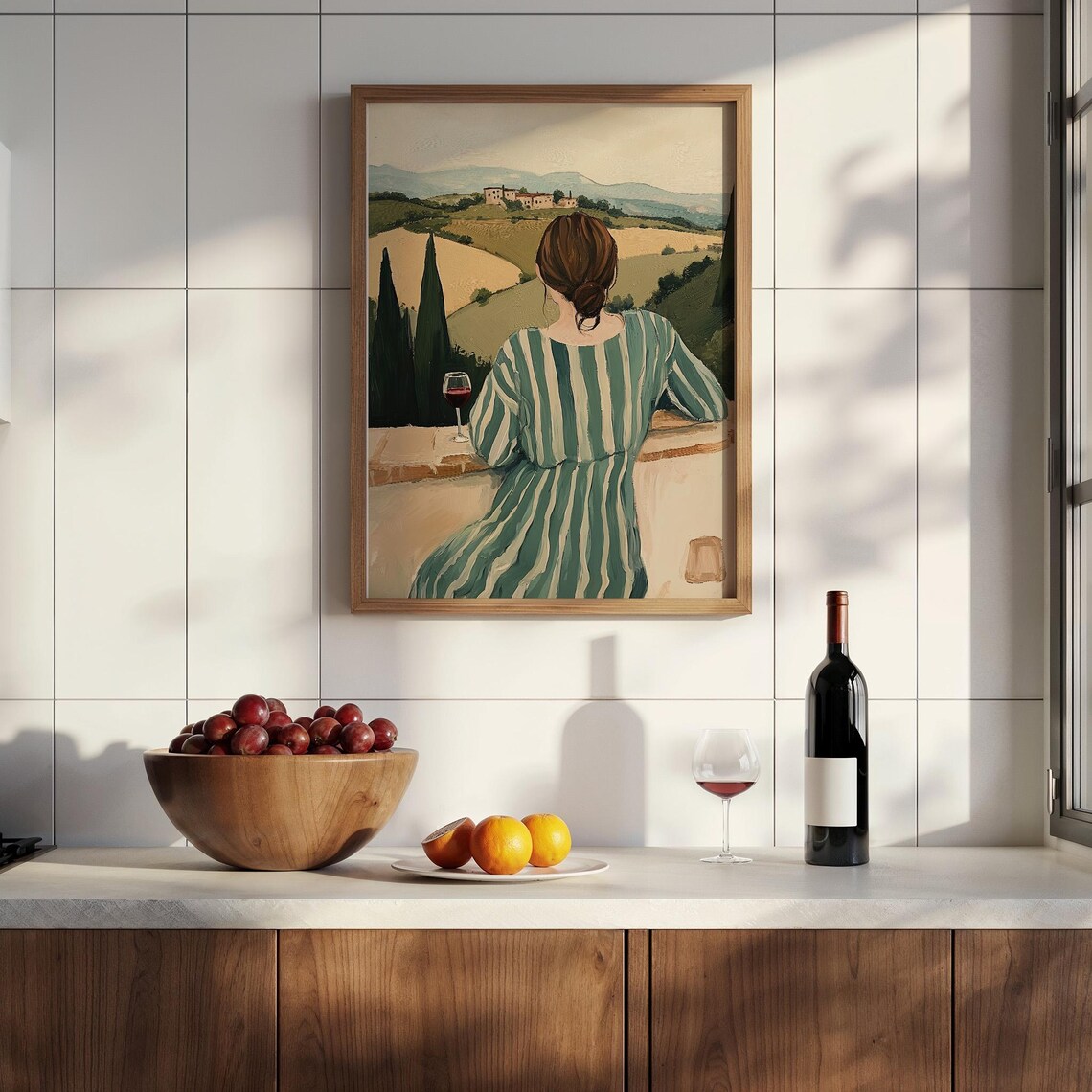 Woman Overlooking Tuscany Hills with Glass of Red Wine Poster - Image 4