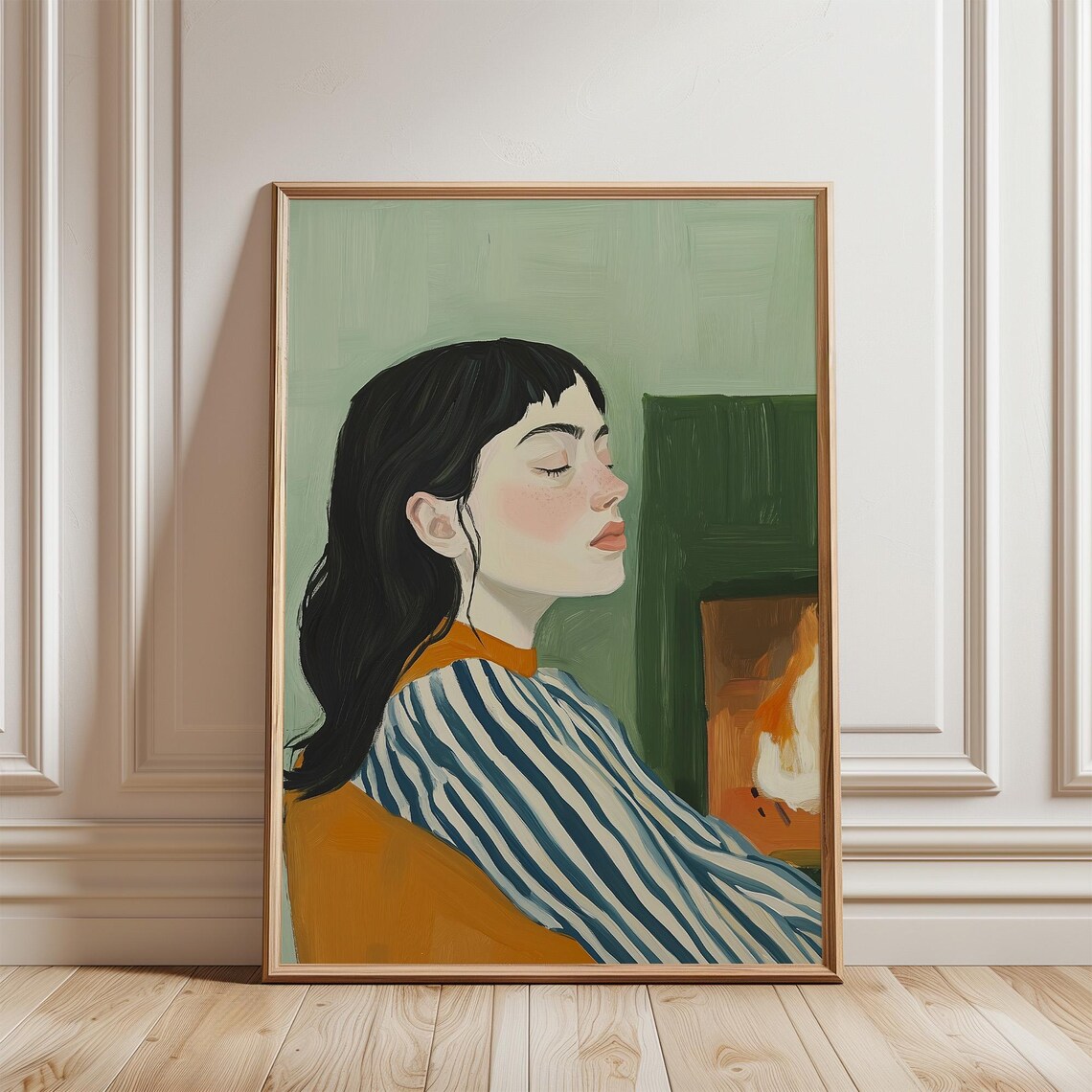 Woman Relaxing by the Fireplace in Striped Shawl Cozy Autumn Poster