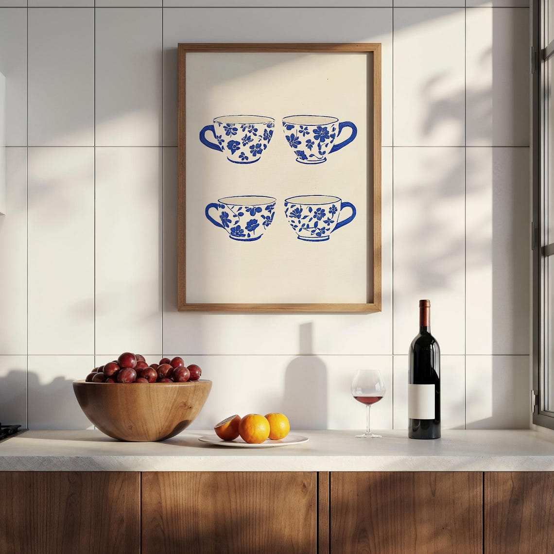 Four Blue Floral Teacups Chinoiserie Kitchen Art Wall Poster