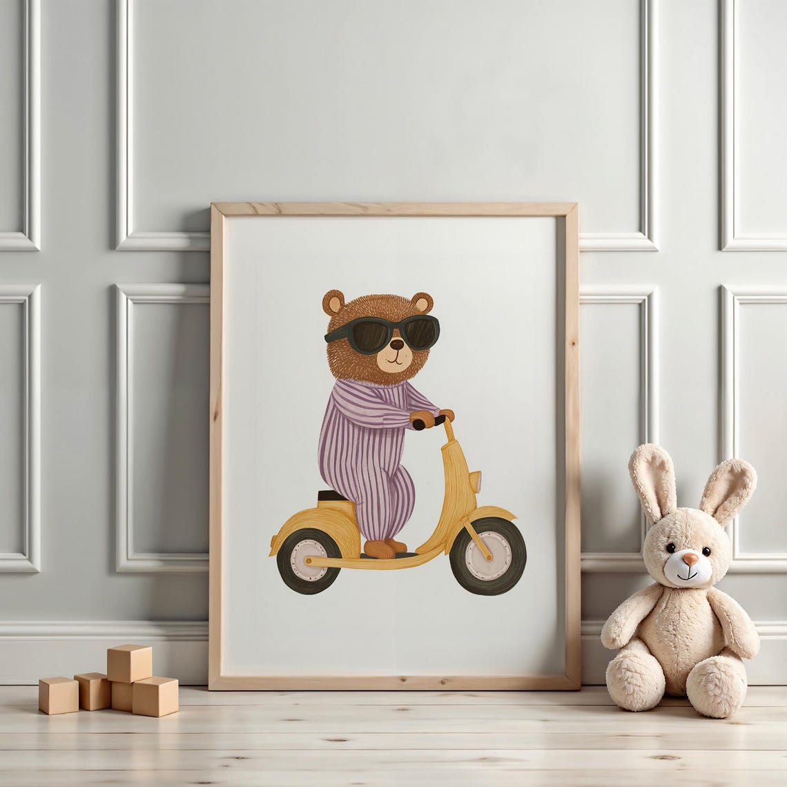 Happy Cool Bear Riding Yellow Scooter Pajamas Nursery Poster - Image 3