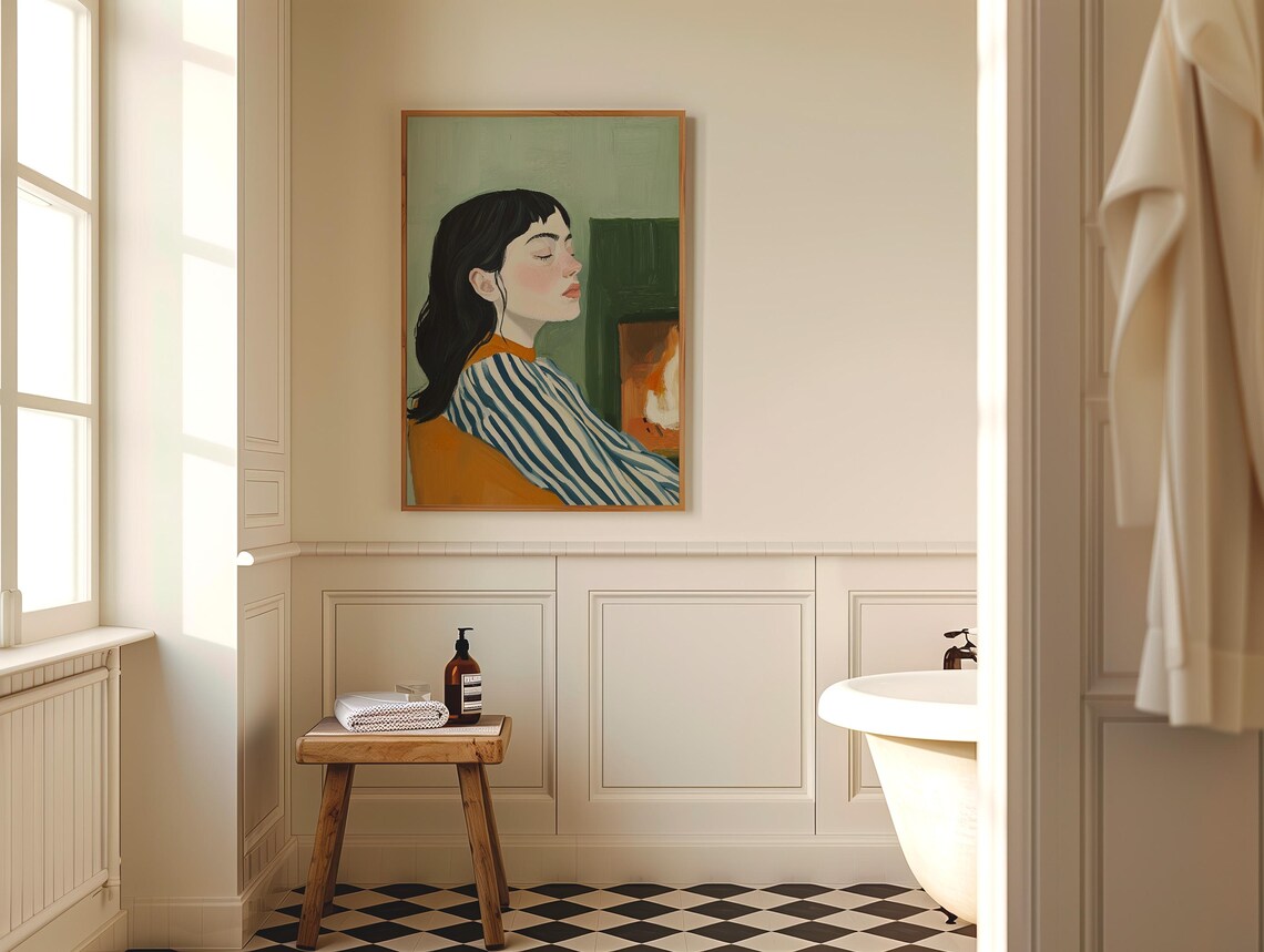 Woman Relaxing by the Fireplace in Striped Shawl Cozy Autumn Poster - Image 5