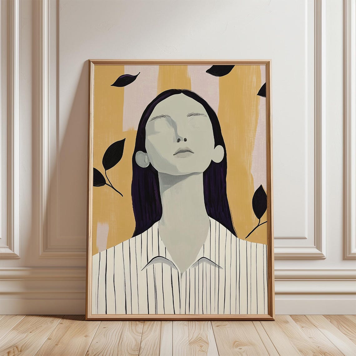 Tranquil Peaceful Woman Closed Eyes Striped Shirt Modern Poster - Image 5