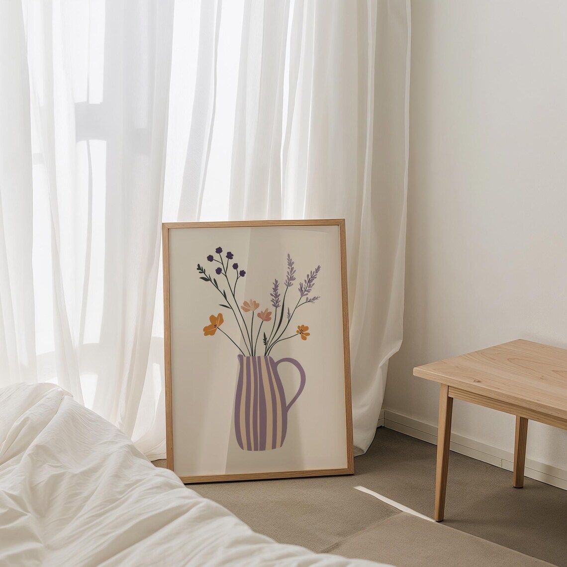 Delicate Wildflower Bouquet Striped Vase Minimalist Botanical Poster - Image 3