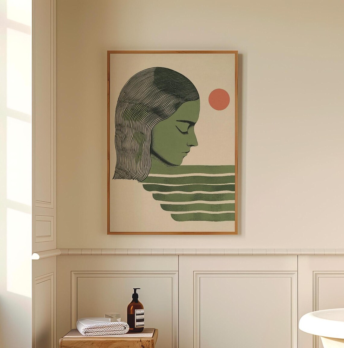 Japandi Woman Profile with Red Sun Minimalist Green Art Poster