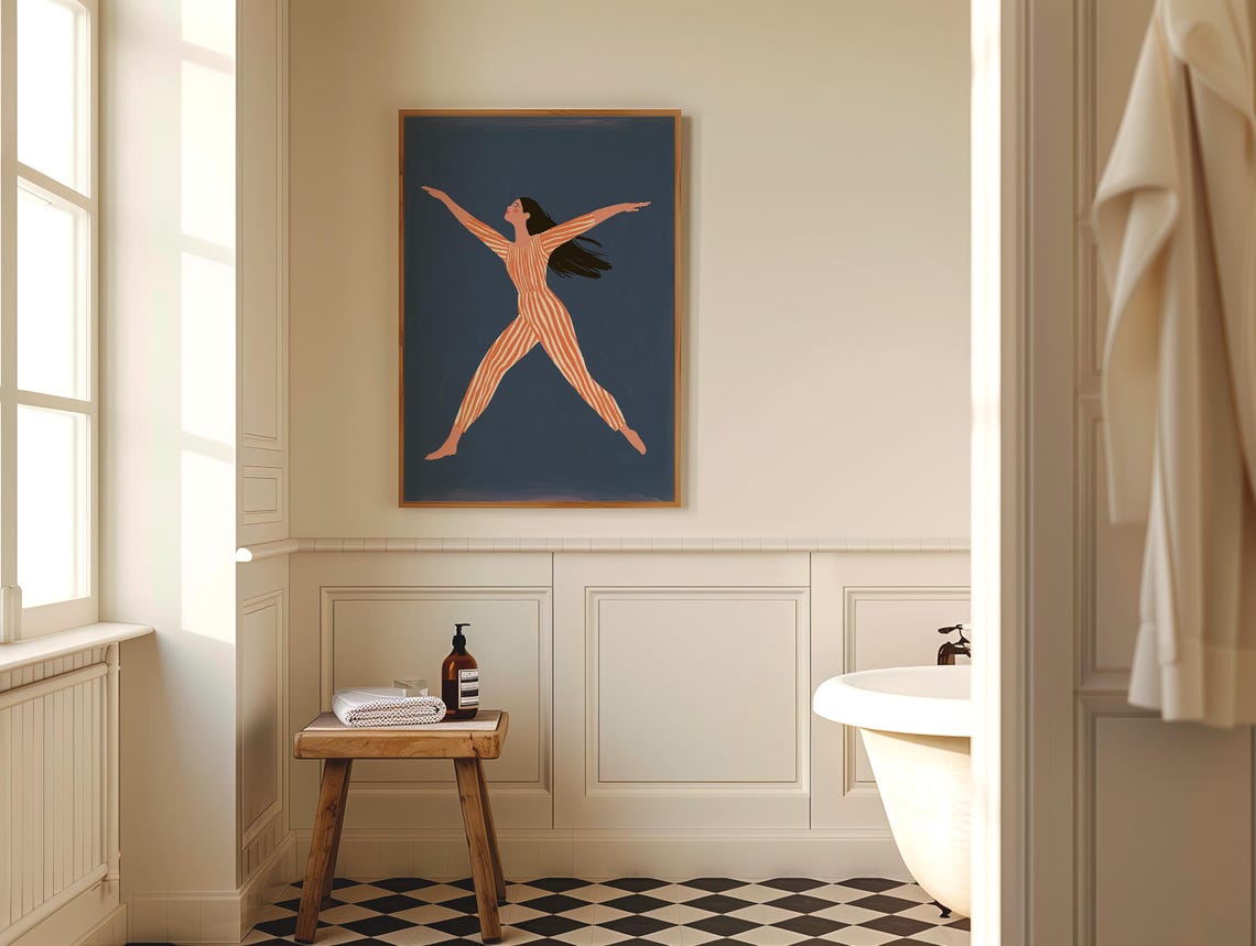 Dancing Woman in Orange Striped Jumpsuit Caught Mid Leap Poster - Image 5