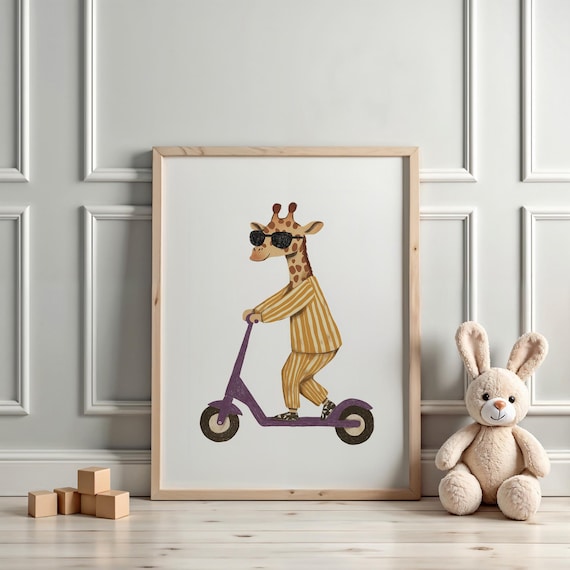 Whimsical Giraffe in Sunglasses Riding Scooter Kids Nursery Poster