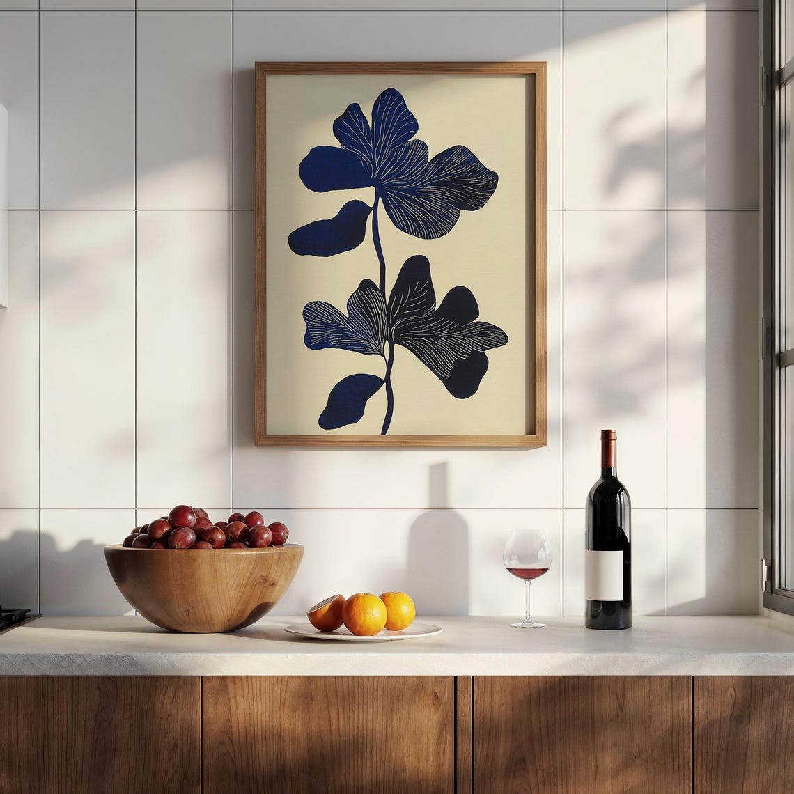 Navy Blue Abstract Flower on Cream Minimalist Botanical Poster - Image 2