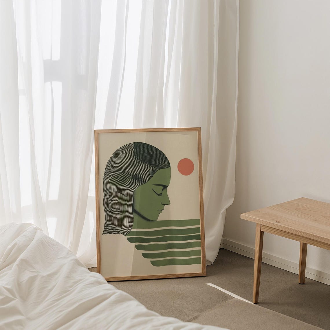 Japandi Woman Profile with Red Sun Minimalist Green Art Poster - Image 3