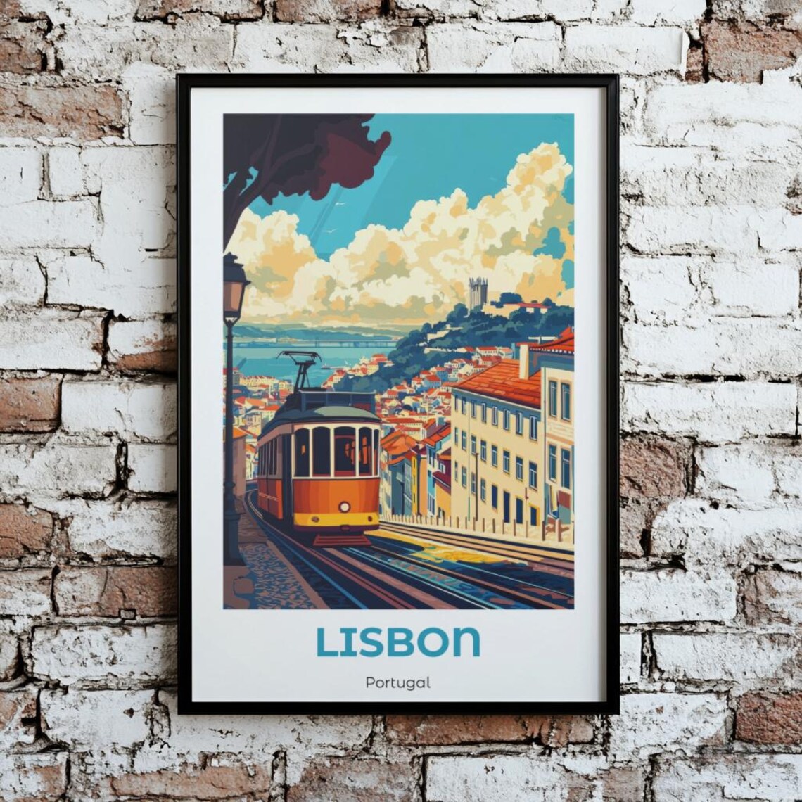 Lisbon Portugal Yellow Tram Alfama Old Town Retro Travel Poster