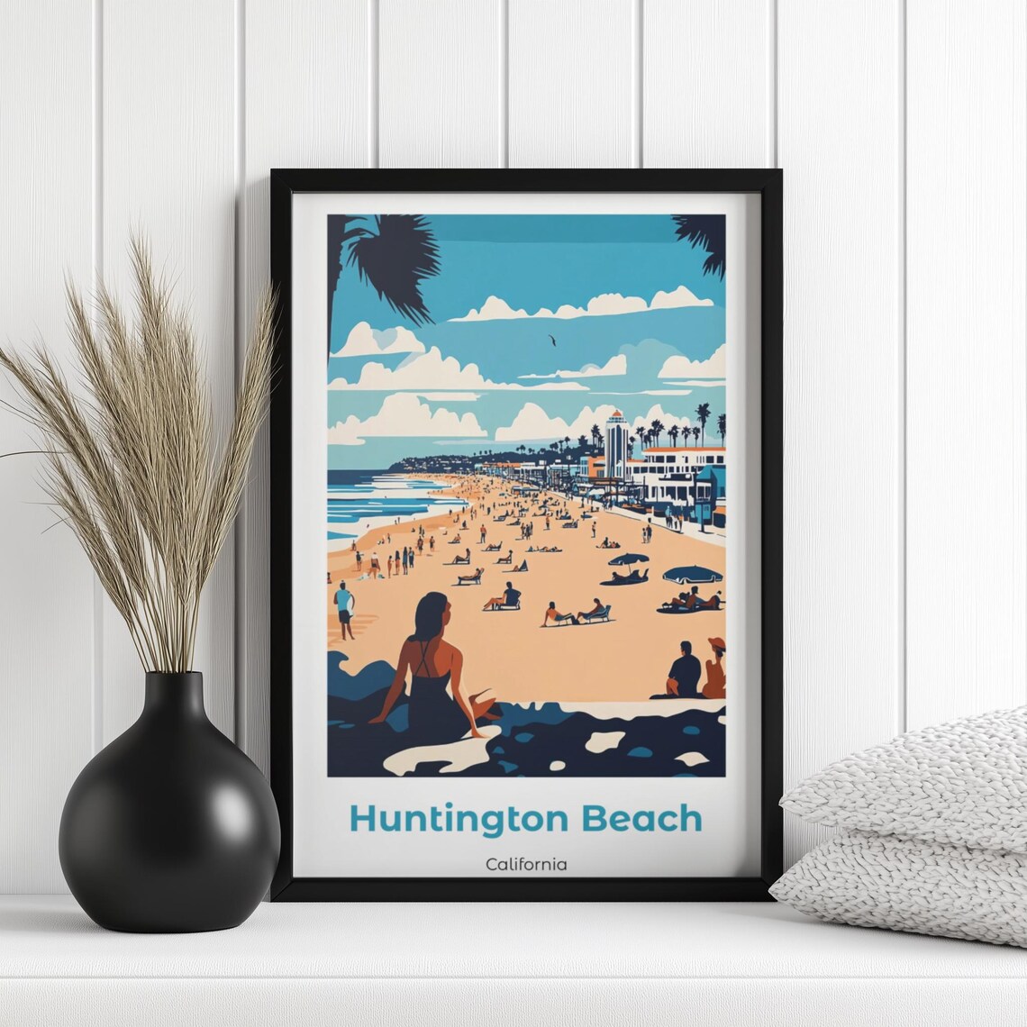 Huntington Beach Retro Travel Poster, Minimalist Style