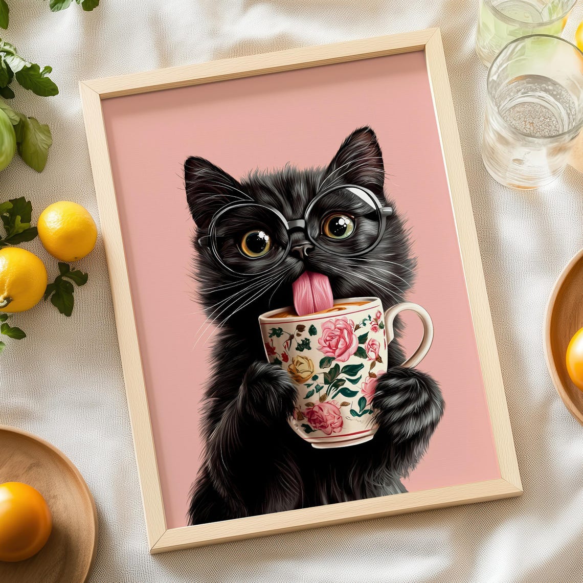 Fluffy Black Kitten Wearing Glasses Licking a Floral Teacup Poster - Image 6