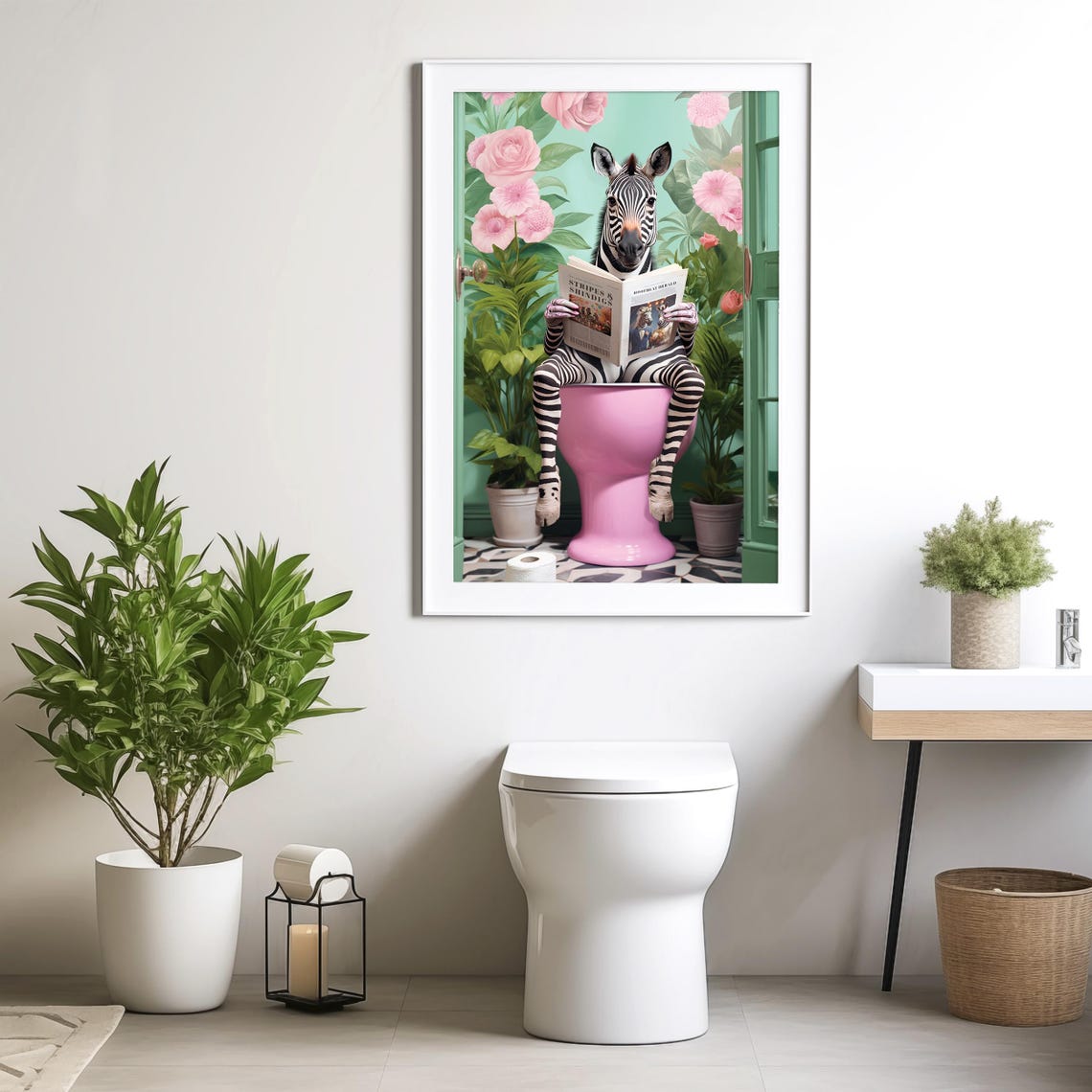 Zebra Reading the Paper on a Pink Toilet Botanical Bathroom Poster - Image 3